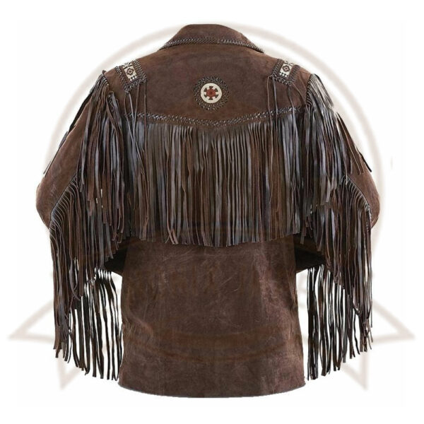 Men's Brown Suede Leather Fringed Jacket with Beaded Coat