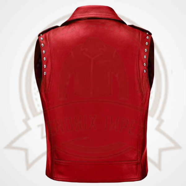 Women's Red Sheepskin Leather Biker Vest with Studded Accents