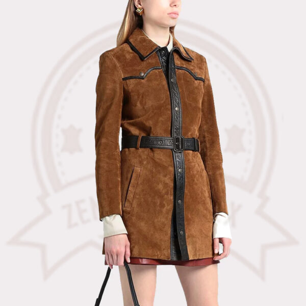 Elegant Tan Brown Suede Leather Women's Coat