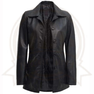 Women's Mid Length Black Leather Coat