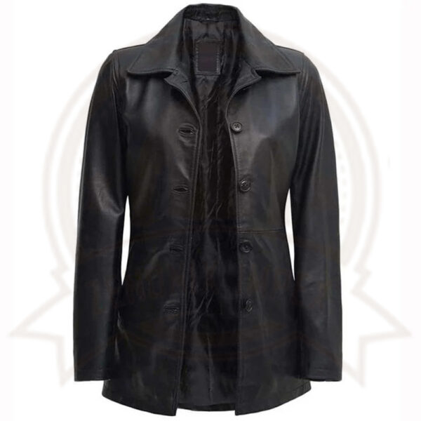 Women's Mid Length Black Leather Coat