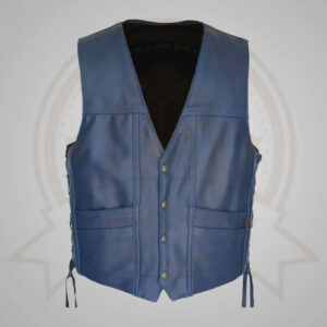 Navy Blue Men’s Leather Vest - V-Neck Style