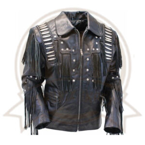 Men's Black Cowhide Leather Jacket with Cowboy Fringes and Beads