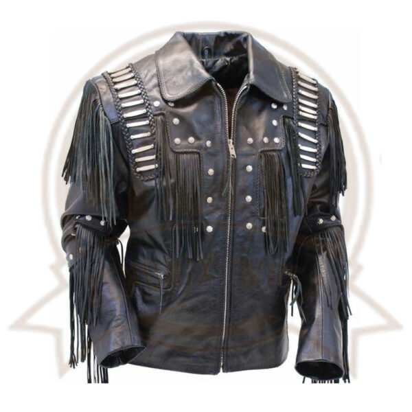 Men's Black Cowhide Leather Jacket with Cowboy Fringes and Beads