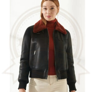 Women Leather Bomber Jacket with Red Fur Collar-Zenonix Impex