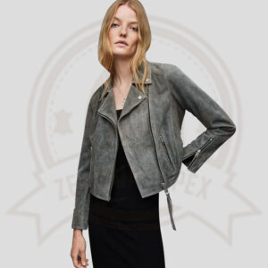 Women's Gray Suede Leather Biker Jacket
