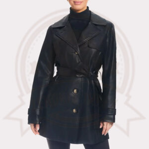 Classic Solid Black Leather Trench Coat for Women