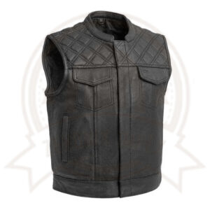 Men's Black Leather Motorcycle Vest with Diamond Stitch
