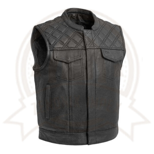 Men's Black Leather Motorcycle Vest with Diamond Stitch