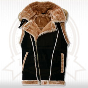 Men's Black Suede Leather Shearling Vest - Hooded Sleeveless Jacket