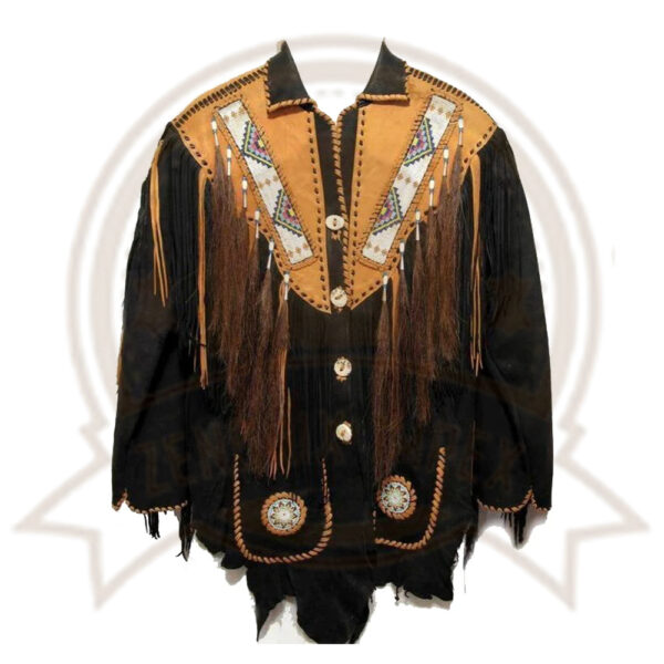 Men's Suede Leather Cowboy Coat with Fringes and Beads