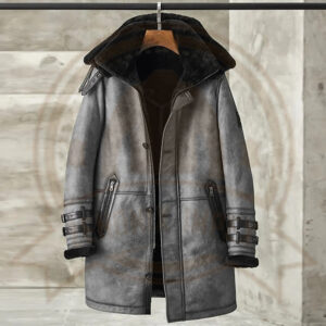 Men's Metallic Gray Shearling B7 Bomber Long Coat-Zenonix Impex