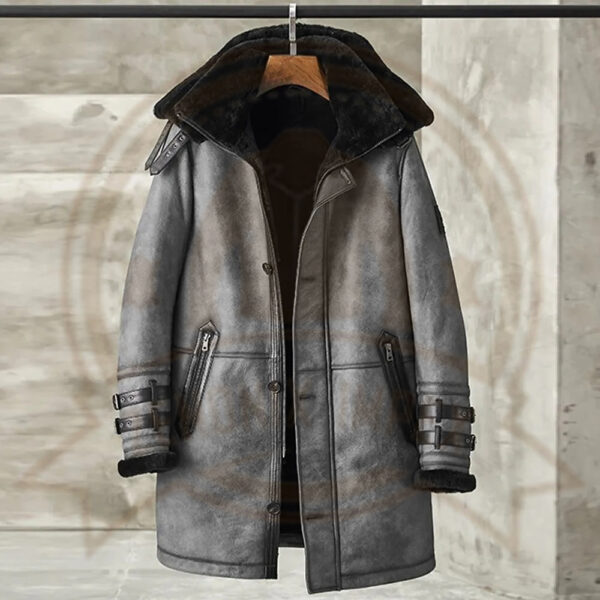 Men's Metallic Gray Shearling B7 Bomber Long Coat-Zenonix Impex