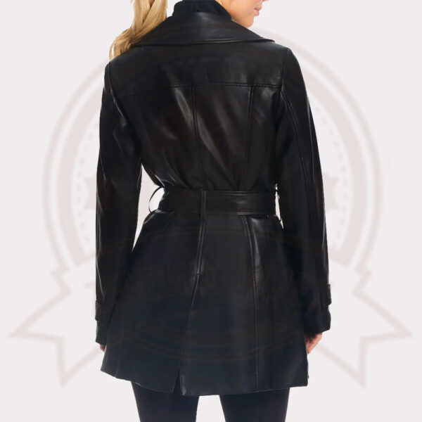 Classic Solid Black Leather Trench Coat for Women