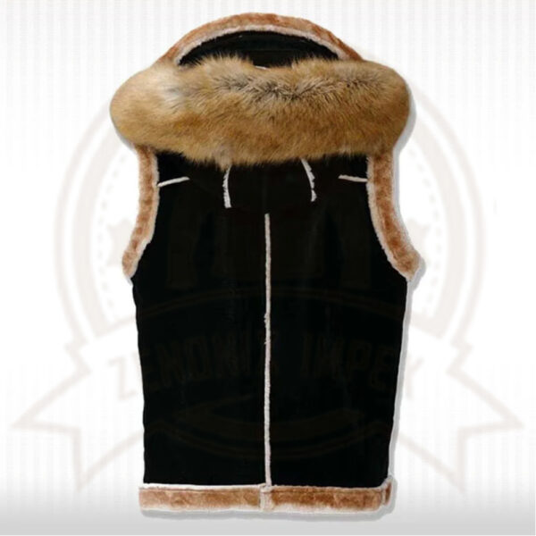 Men's Black Suede Leather Shearling Vest - Hooded Sleeveless Jacket