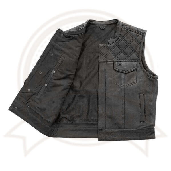 Men's Black Leather Motorcycle Vest with Diamond Stitch