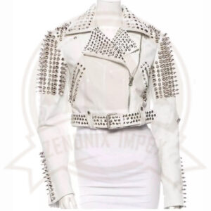 Women’s Premium White Gothic Leather Jacket with Silver Studs