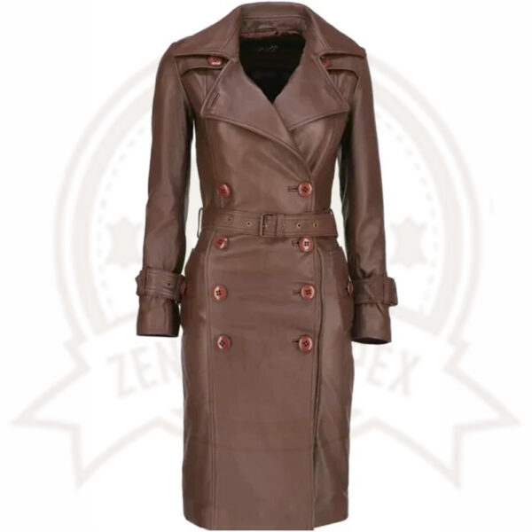 Women's Brown Leather Long Coat-Zenonix Impex