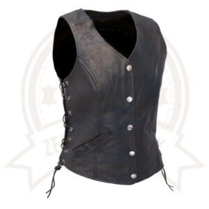 Women's Black Leather Biker Vest-Zenonic Impex