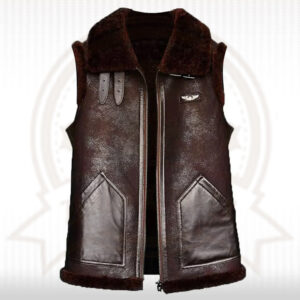 Brown Sheepskin Shearling Leather Vest - Men's Bomber Style Vest