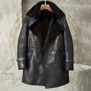 Men's Black Shearling Long Trench Coat-Zenonix Impex