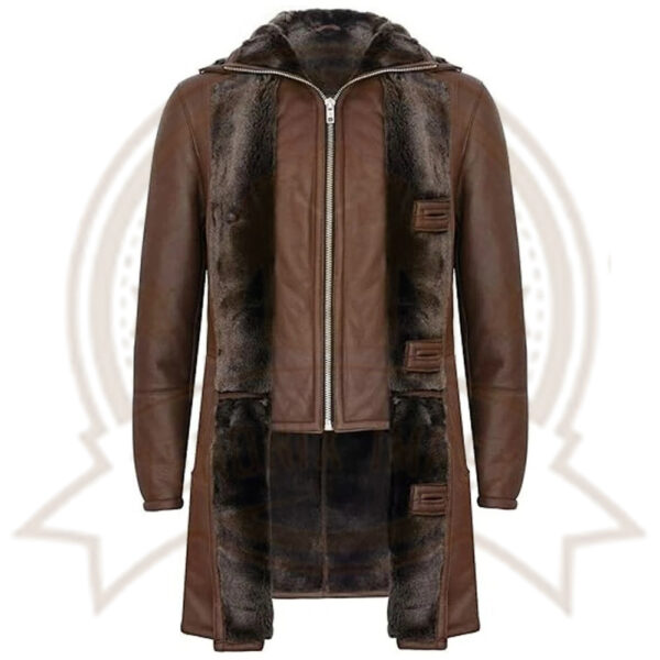Men's Brown Double Collar Shearling Trench Coat-Zenonix Impex
