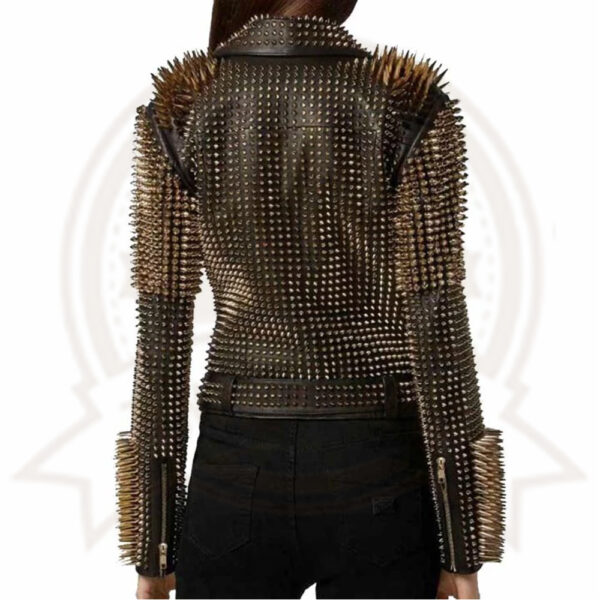 Golden Spiked Leather Jacket For Women